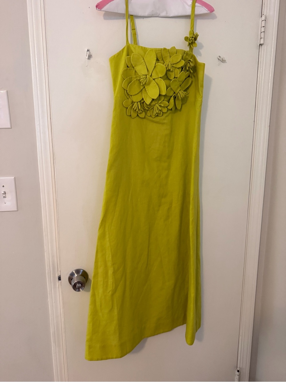 Lime Green Floral-Appliqué Midi Dress with Spaghetti Straps